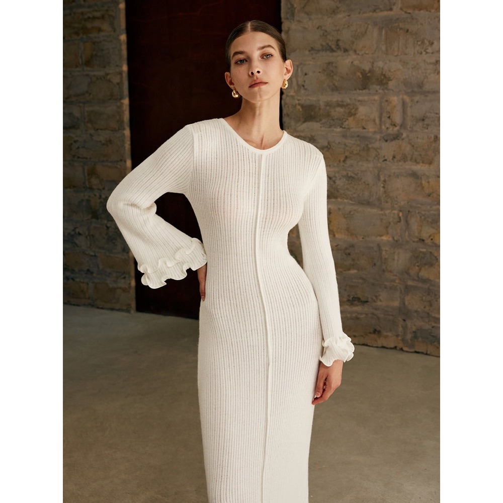 Commense Semi-Sheer‎ Ruffled Sleeve Knit Maxi Dress Long Sleeve White  size M - Picture 5 of 5